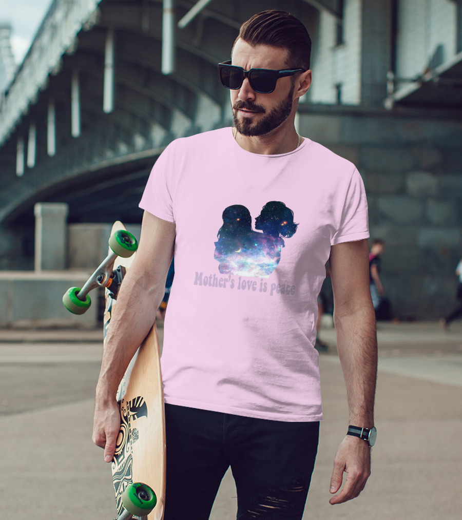 Mother's Love Is Peace Cosmic Silhouette On Pink Background T-Shirt