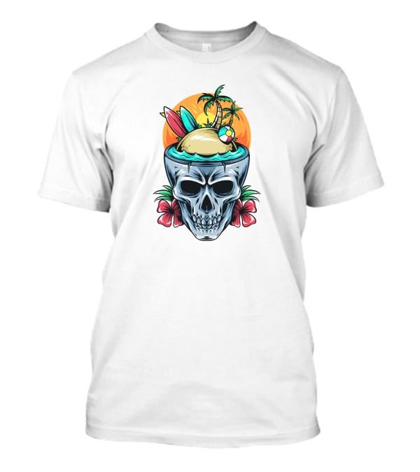 Summer Skull With Surfboards And Tropical Island T-Shirt