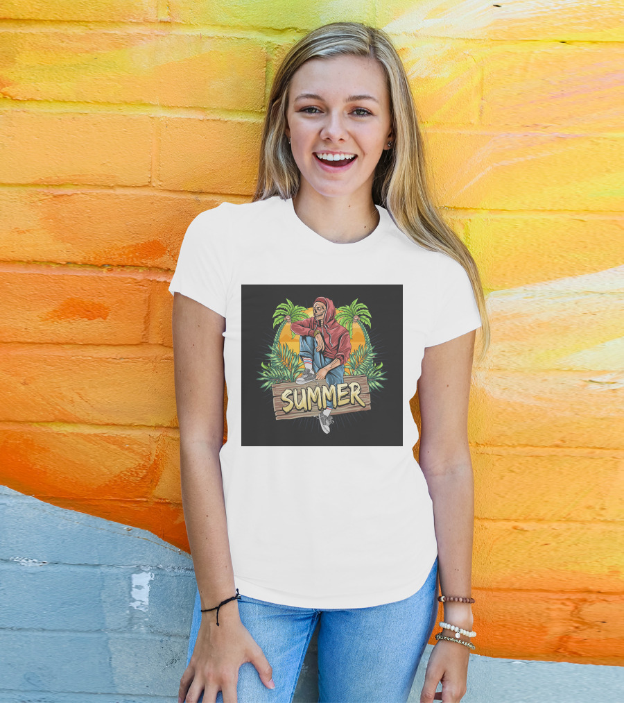 Skull Zombie Summer Tropical Vibes With Palm Trees And Sunset T-Shirt