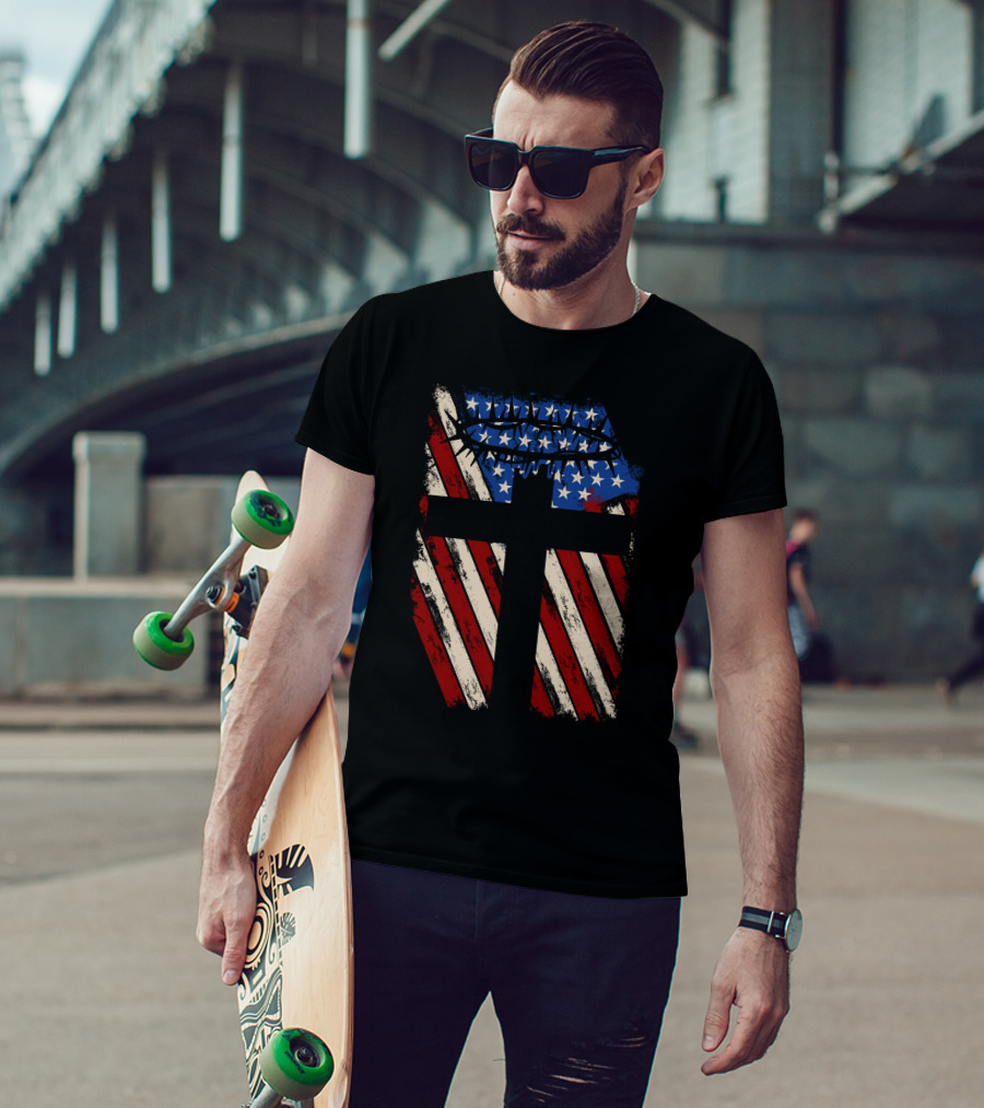 God Protect America American Flag Cross With Crown Of Thorns T-Shirt