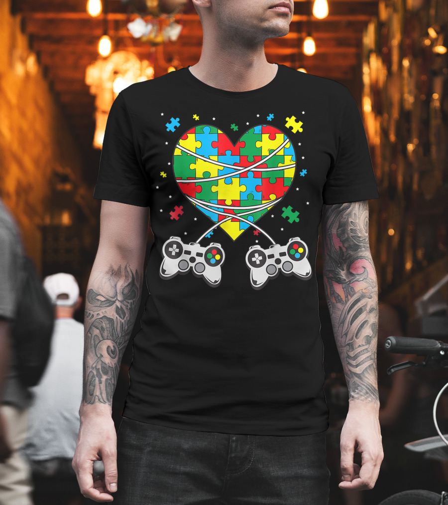 Boys Autism Awareness Month Puzzle Heart Video Game Controllers T-Shirt