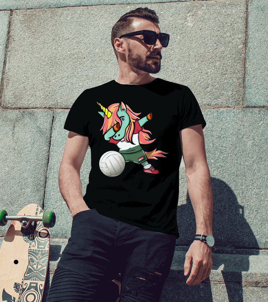 Dabbing Unicorn Hungarian Volleyball Lovers With Flag Jersey T-Shirt
