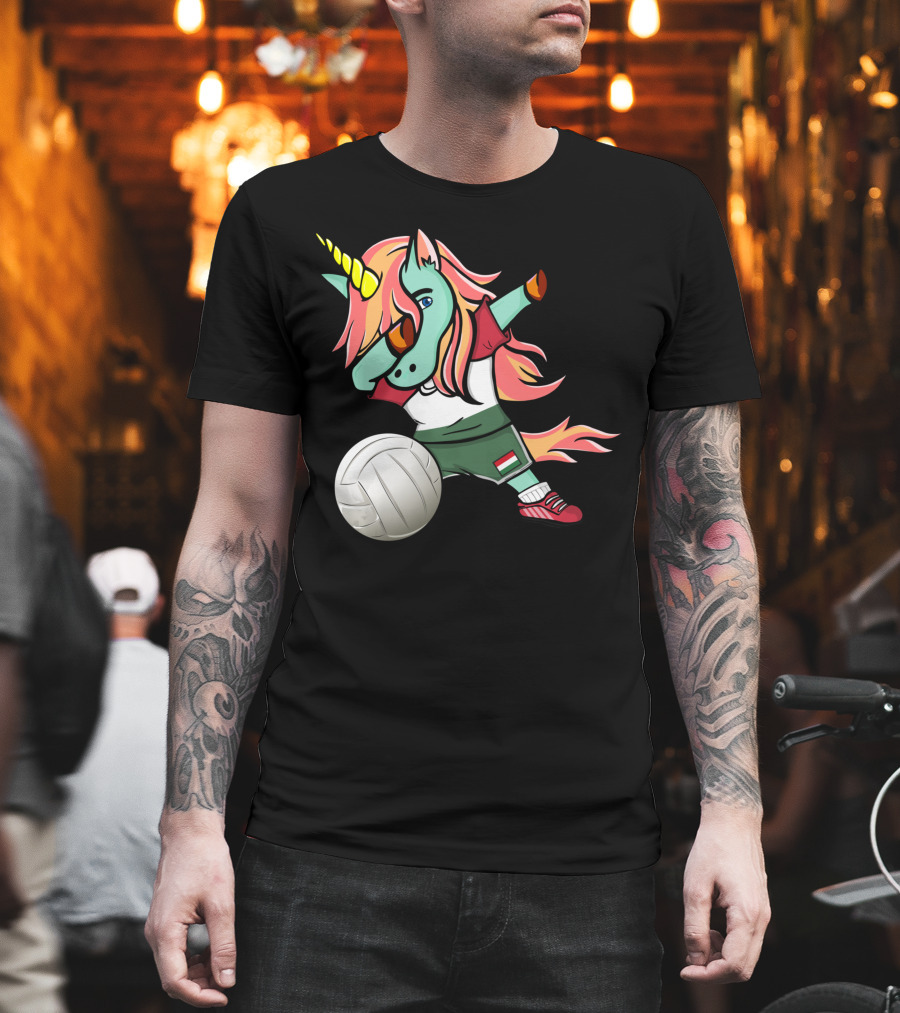 Dabbing Unicorn Hungarian Volleyball Lovers With Flag Jersey T-Shirt