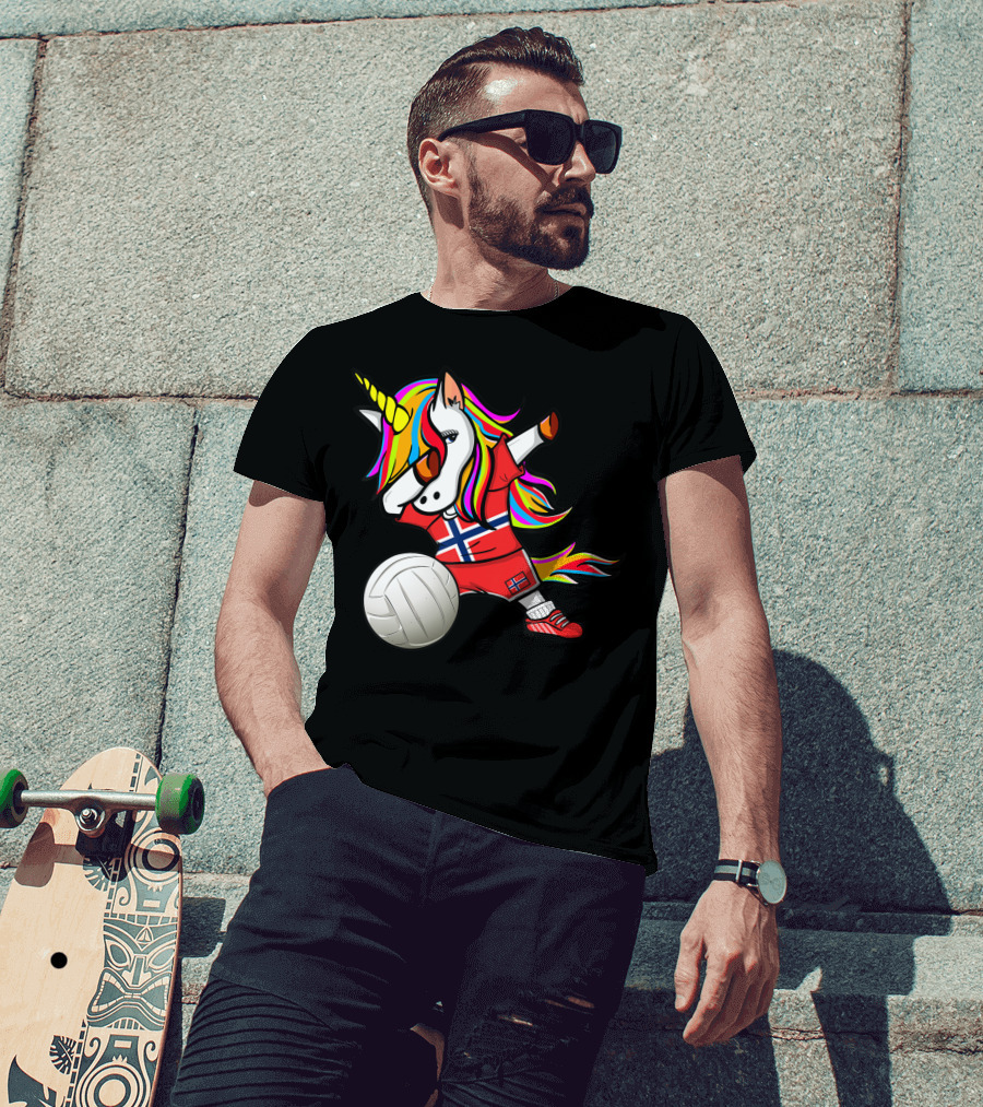 Dabbing Unicorn Norway Volleyball Fans Norwegian Flag Rainbow Jersey T-Shirt