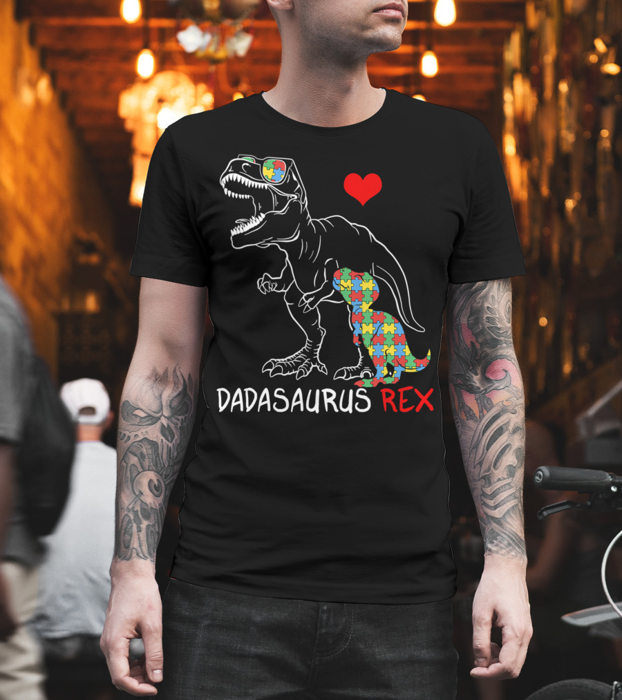Dadasaurus Rex Heart Puzzle Autism Awareness Daddy T-Shirt