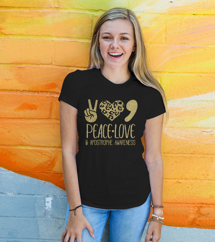 Peace Love And Apostrophe Awareness Gold Glitter Leopard Print T-Shirt