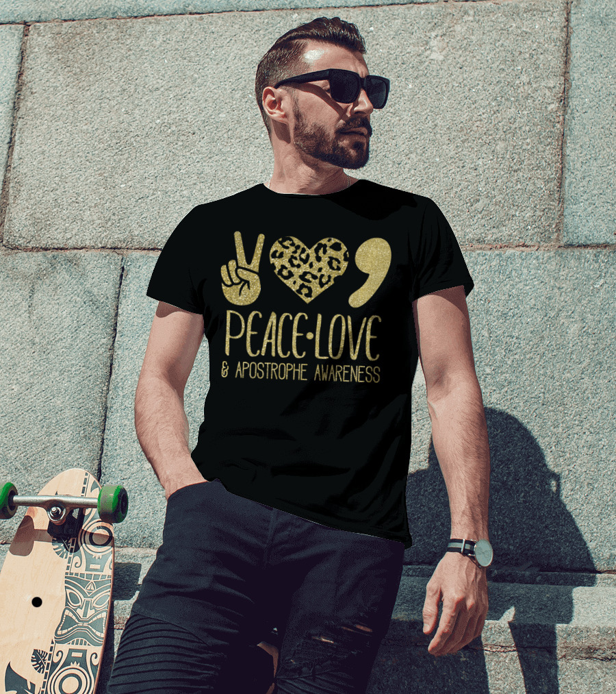 Peace Love And Apostrophe Awareness Gold Glitter Leopard Print T-Shirt