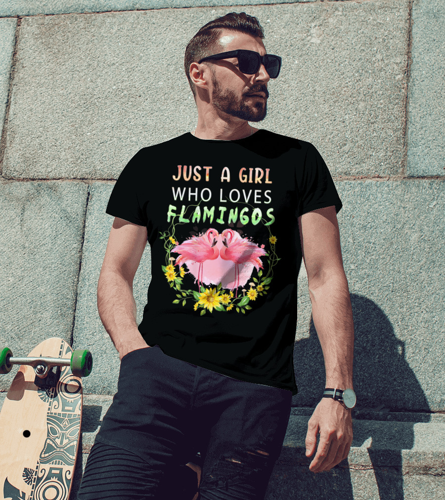 Just A Girl Who Loves Flamingos With Pink Flamingo Pair And Yellow Flowers T-Shirt