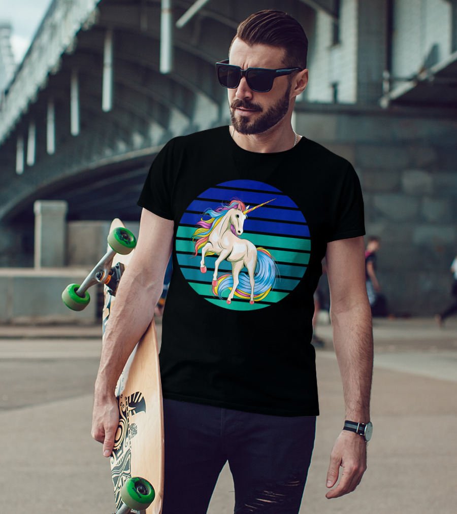 Girls Unicorn Rainbow Striped Sunset T-Shirt