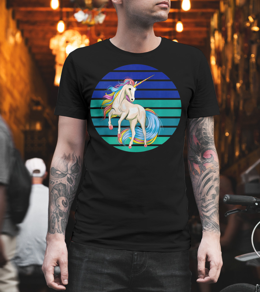 Girls Unicorn Rainbow Striped Sunset T-Shirt