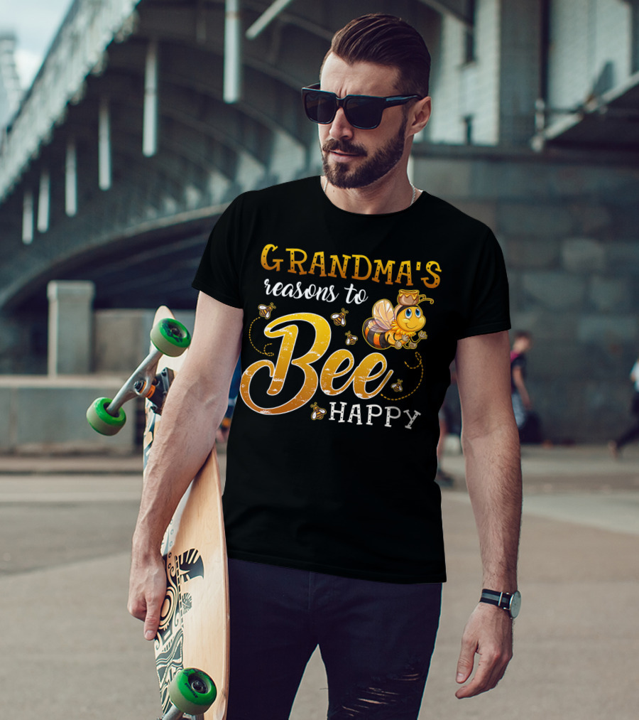 Grandma's Reasons To Bee Happy With Cute Cartoon Bee And Swarm T-Shirt