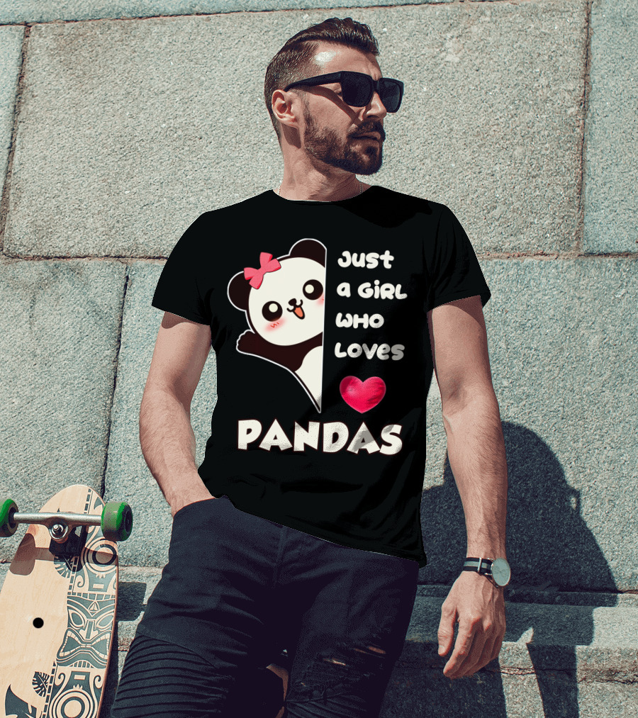 Just A Girl Who Loves Pandas Cute Kawaii Panda With Red Bow And Heart T-Shirt
