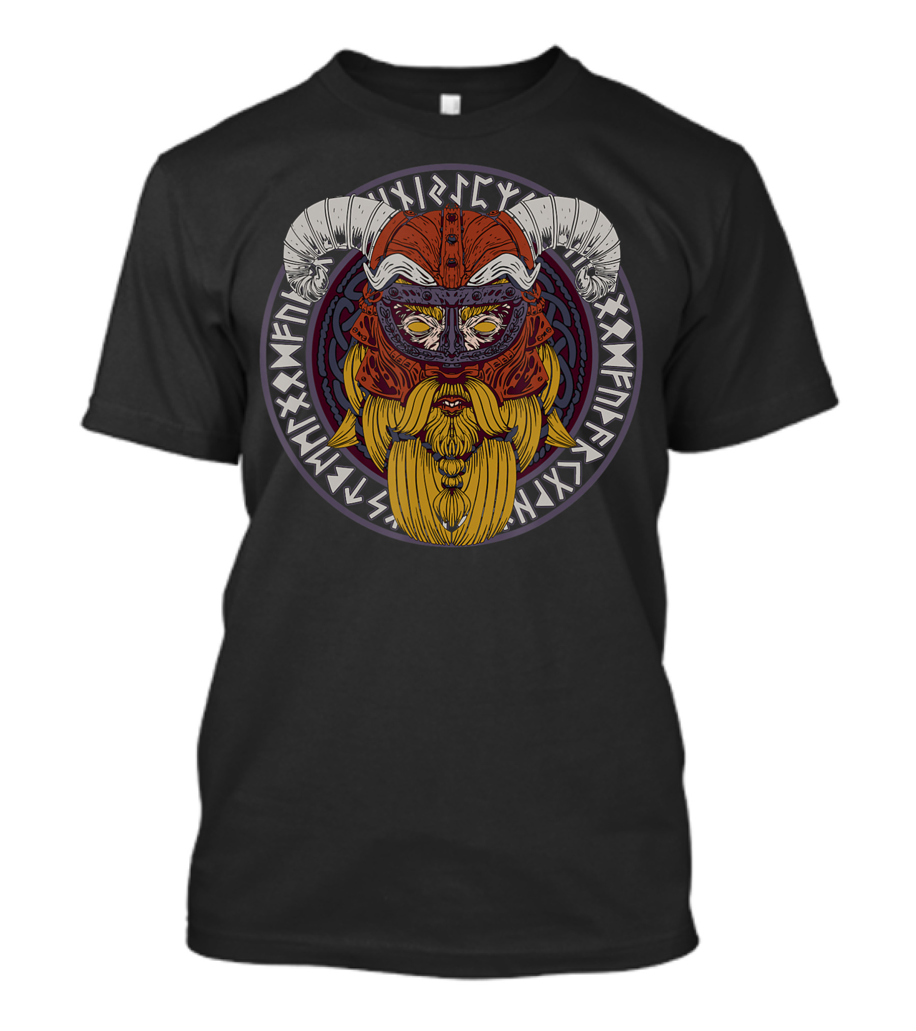 Viking Helmet With Horns And Valknut Surrounded By Nordic Runes T-Shirt