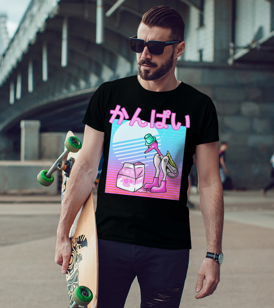 Vaporwave Strawberry Milk Kanpai Drinking Bird Toy Japanese T-Shirt