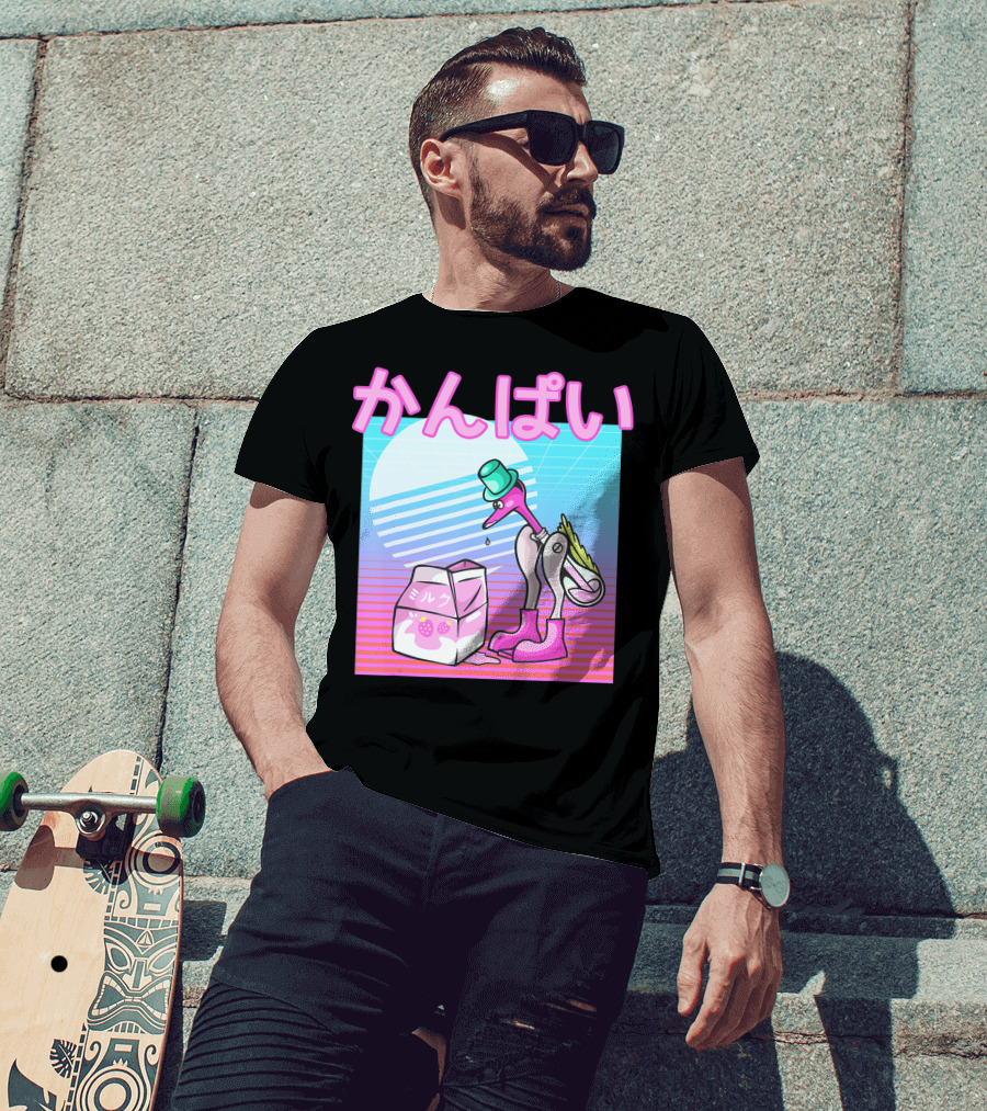 Vaporwave Strawberry Milk Kanpai Drinking Bird Toy Japanese T-Shirt