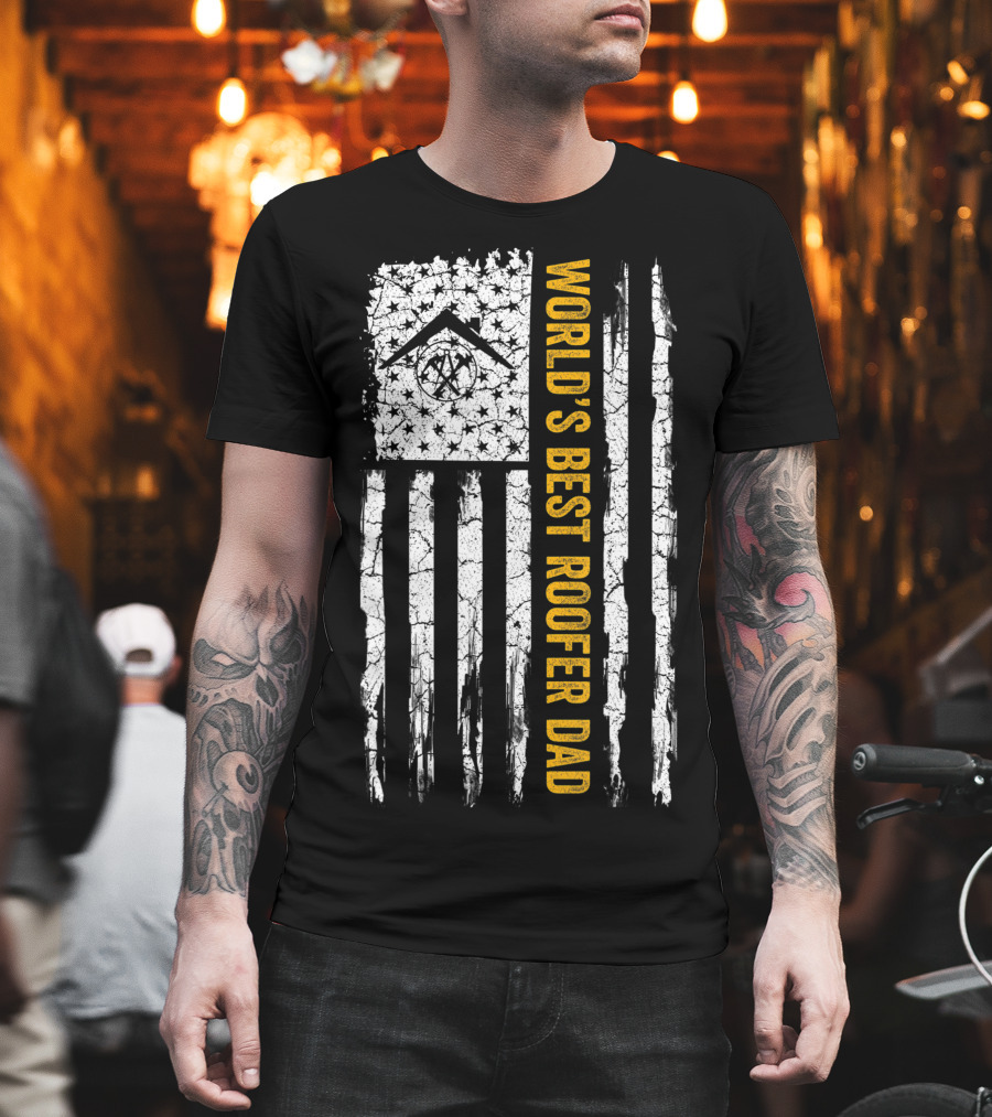World's Best Roofer Dad Vintage USA American Flag Roofing T-Shirt