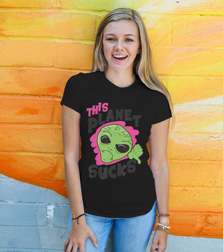Green Alien Head Face This Planet Sucks Thumbs Down T-Shirt