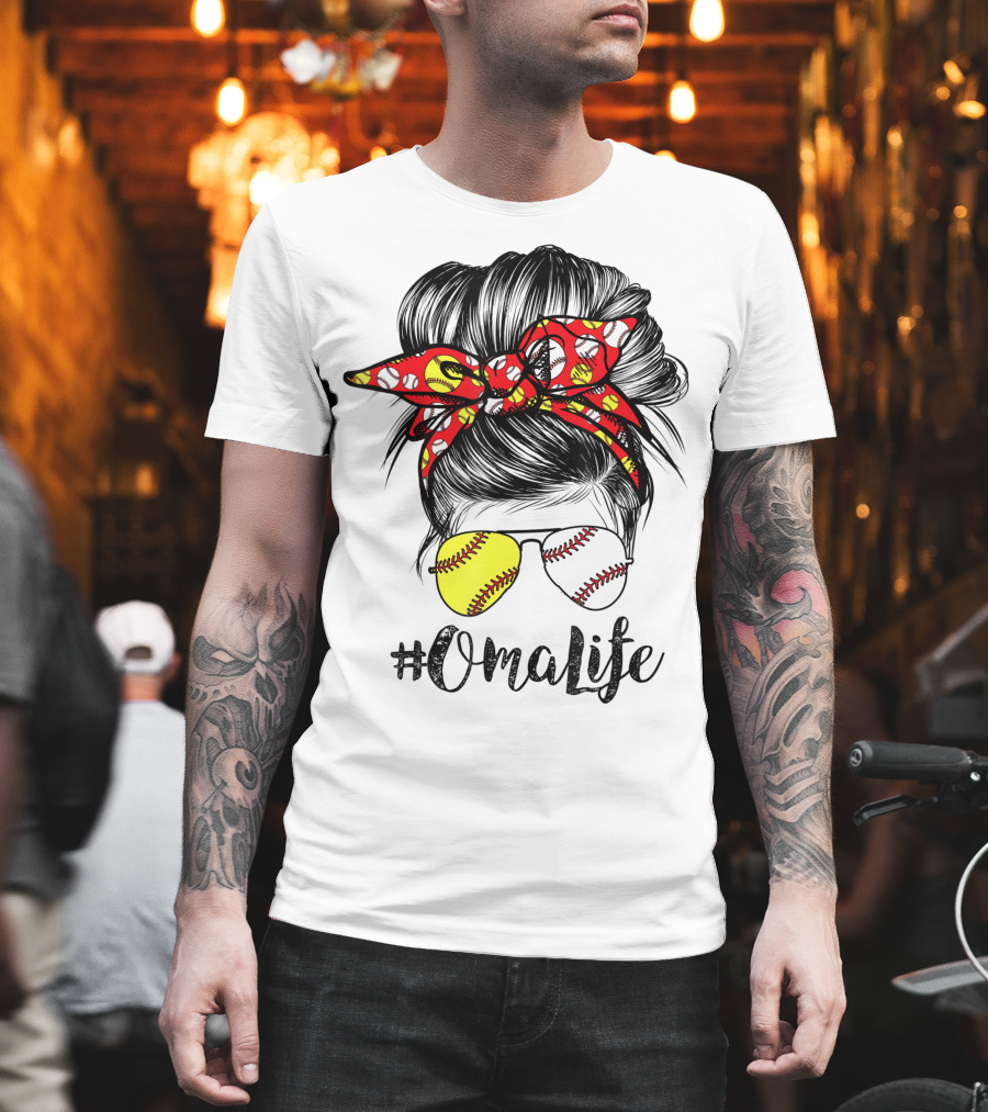OmaLife Messy Bun Hair Softball Baseball Sunglasses T-Shirt