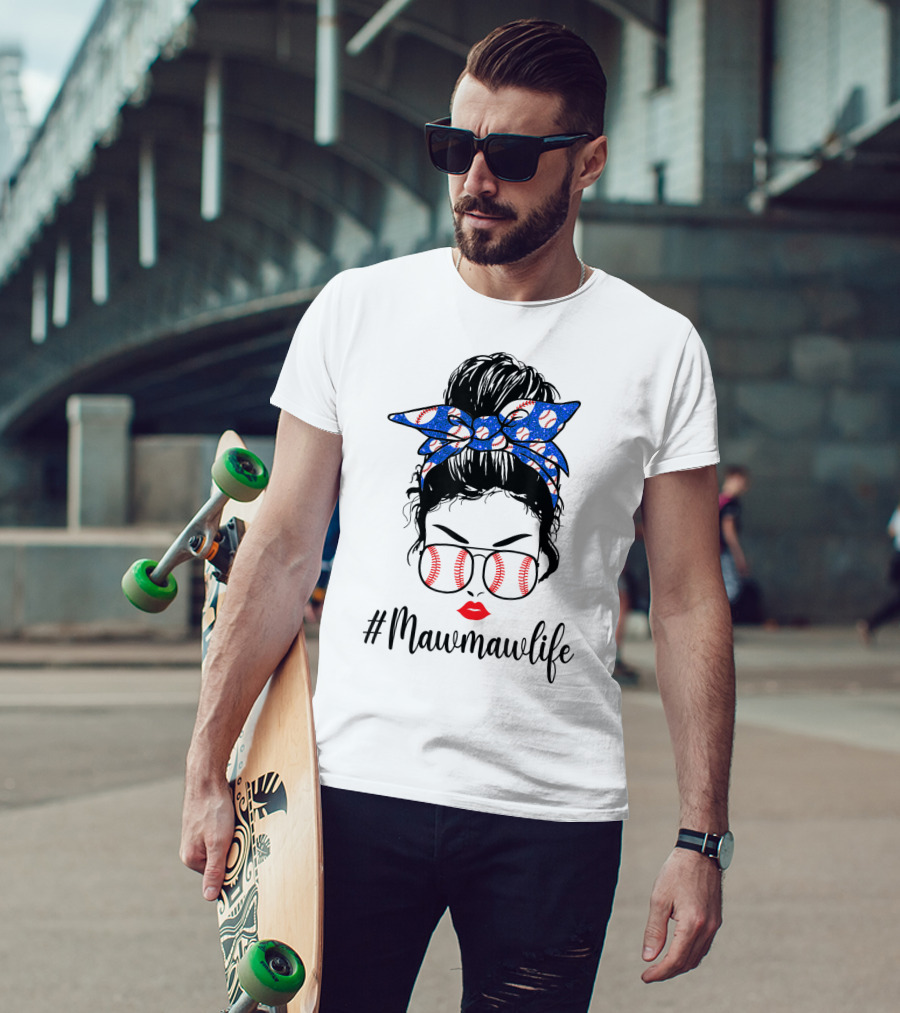 Mawmawlife Softball Baseball Messy Bun Glasses T-Shirt