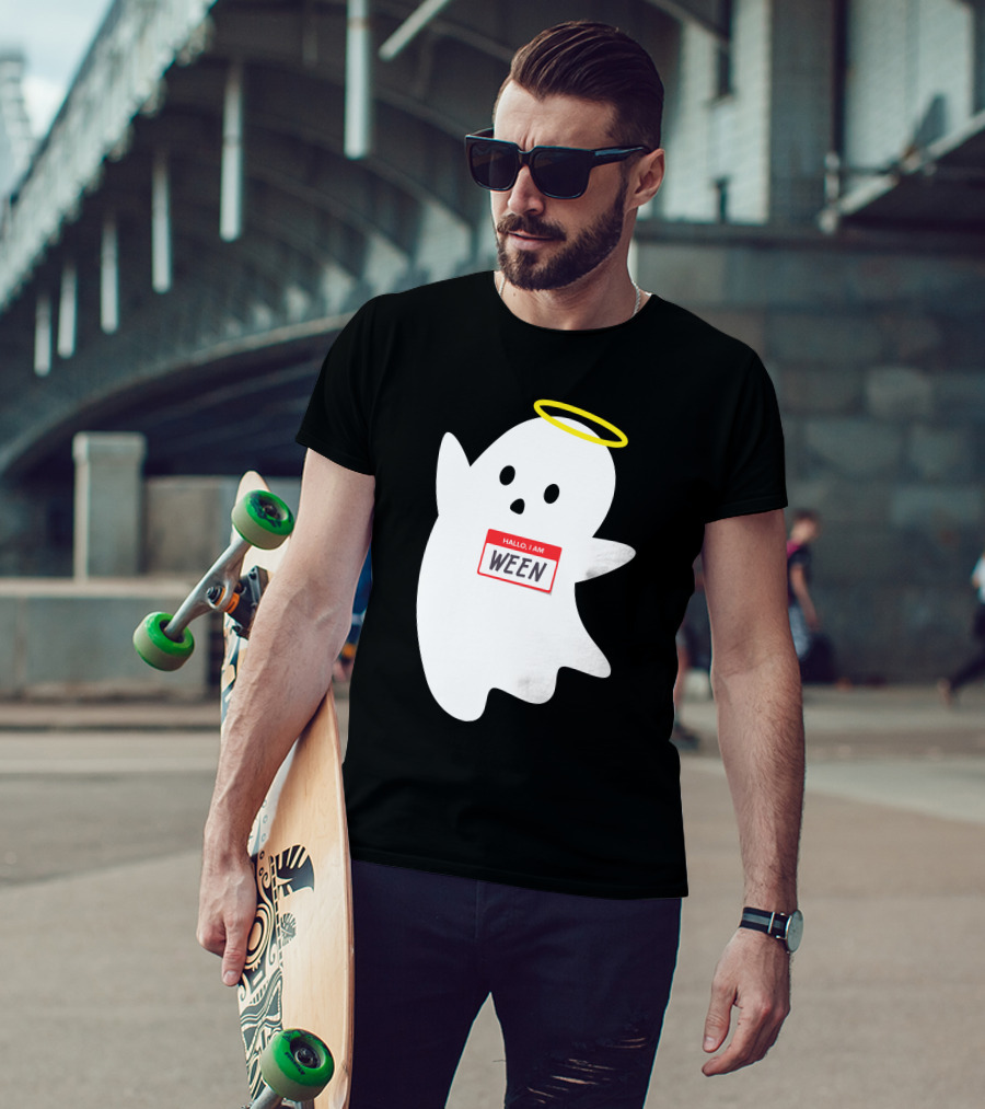 Wholesome Hallo I Am Ween Ghost With Halo And Nametag T-Shirt