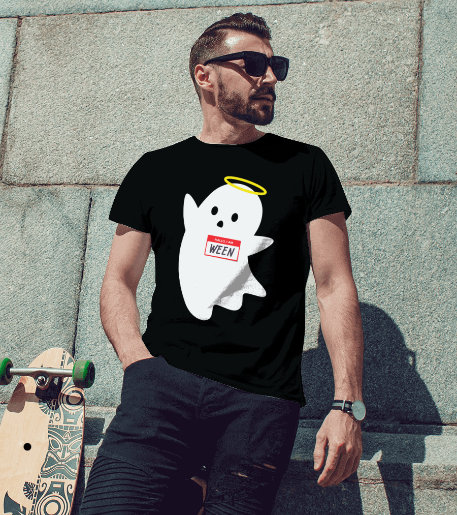 Wholesome Hallo I Am Ween Ghost With Halo And Nametag T-Shirt