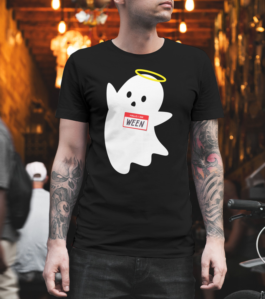 Wholesome Hallo I Am Ween Ghost With Halo And Nametag T-Shirt
