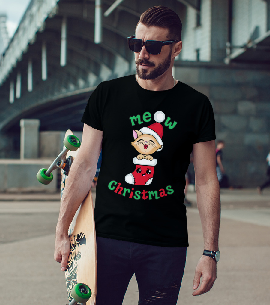 Meow Christmas Cute Kitten In Santa Hat And Stocking T-Shirt