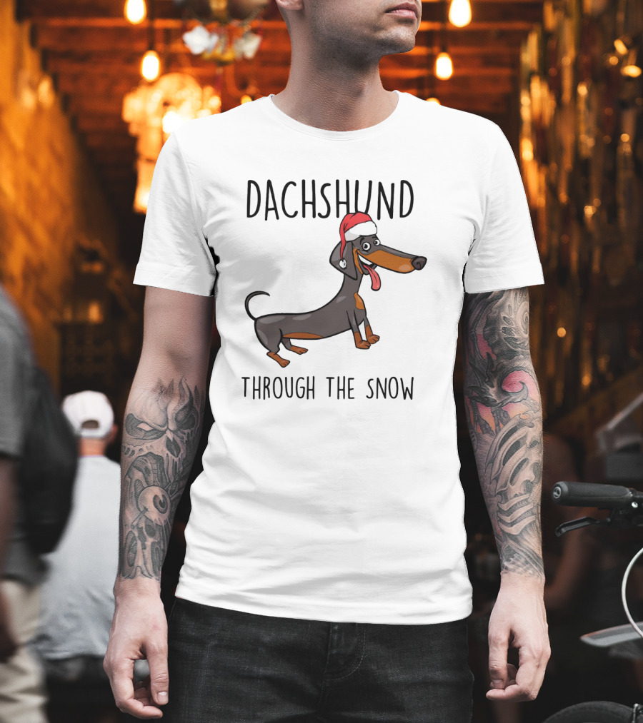 Dachshund Through the Snow Festive Sausage Dog with Santa Hat T-Shirt