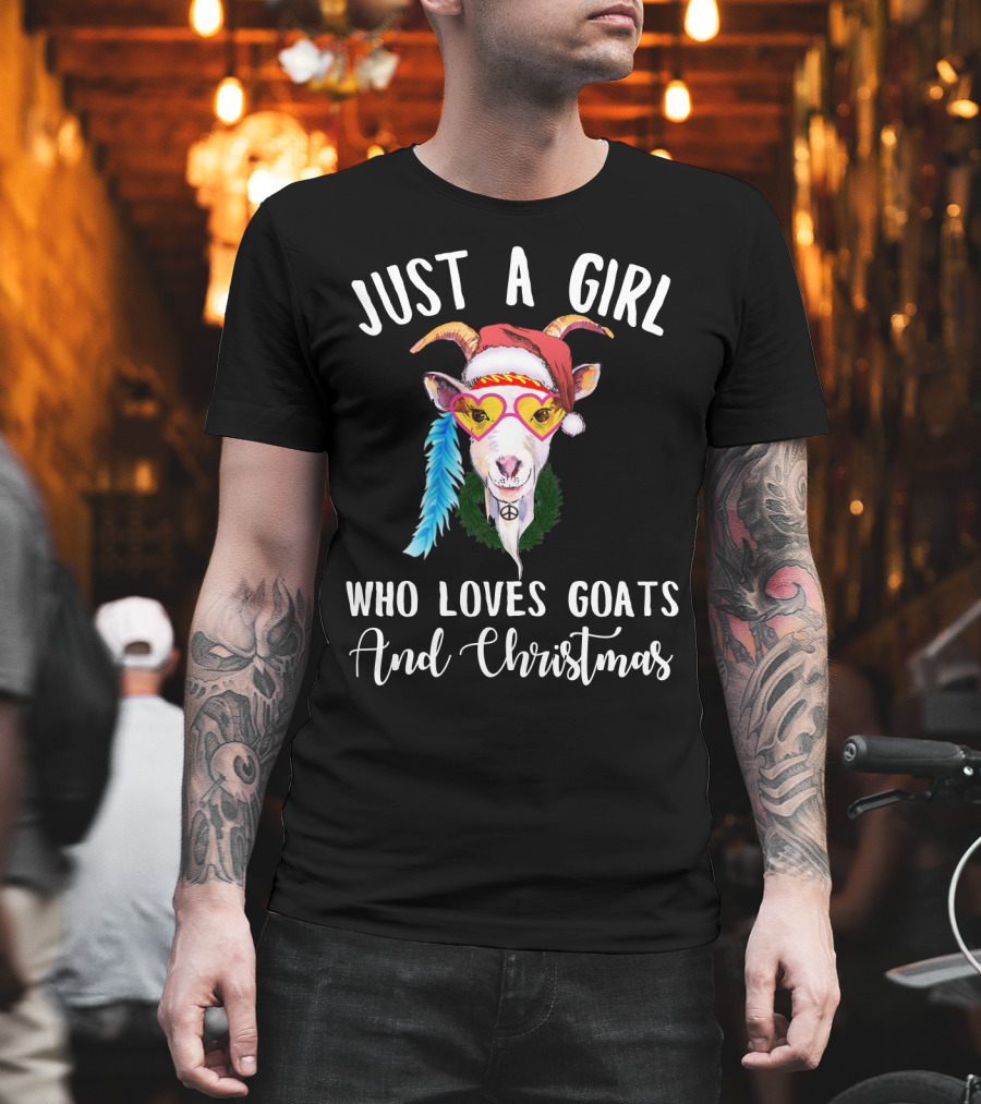 Just a Girl Who Loves Goats and Christmas with Santa Hat Peace Sign Glasses T-Shirt