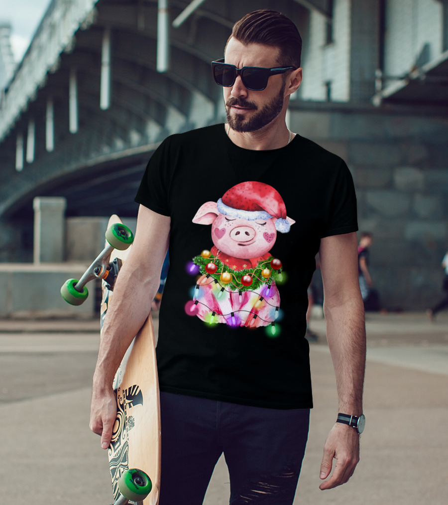 Santa Hat Heart Cheek Pink Pig Wrapped In Christmas Lights T-Shirt