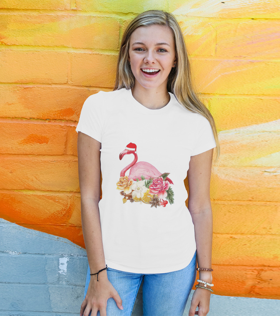 Festive Flamingo With Santa Hat And Holiday Floral Arrangement T-Shirt