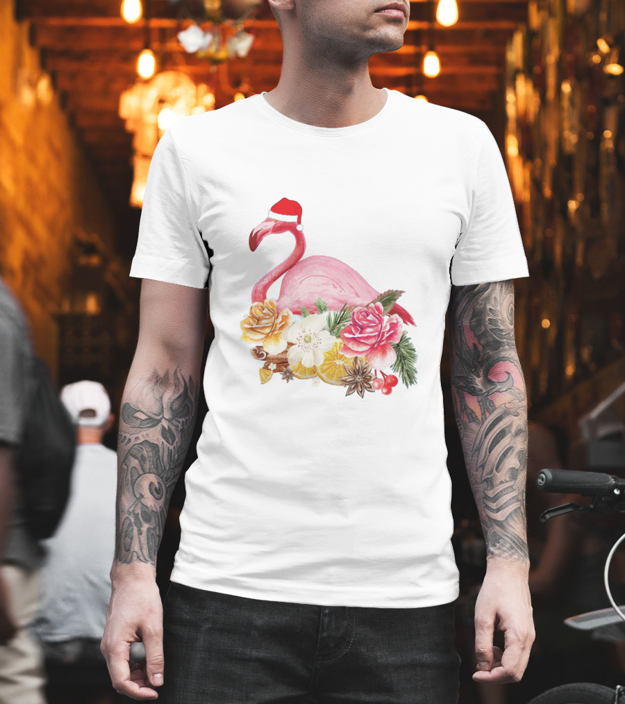 Festive Flamingo With Santa Hat And Holiday Floral Arrangement T-Shirt