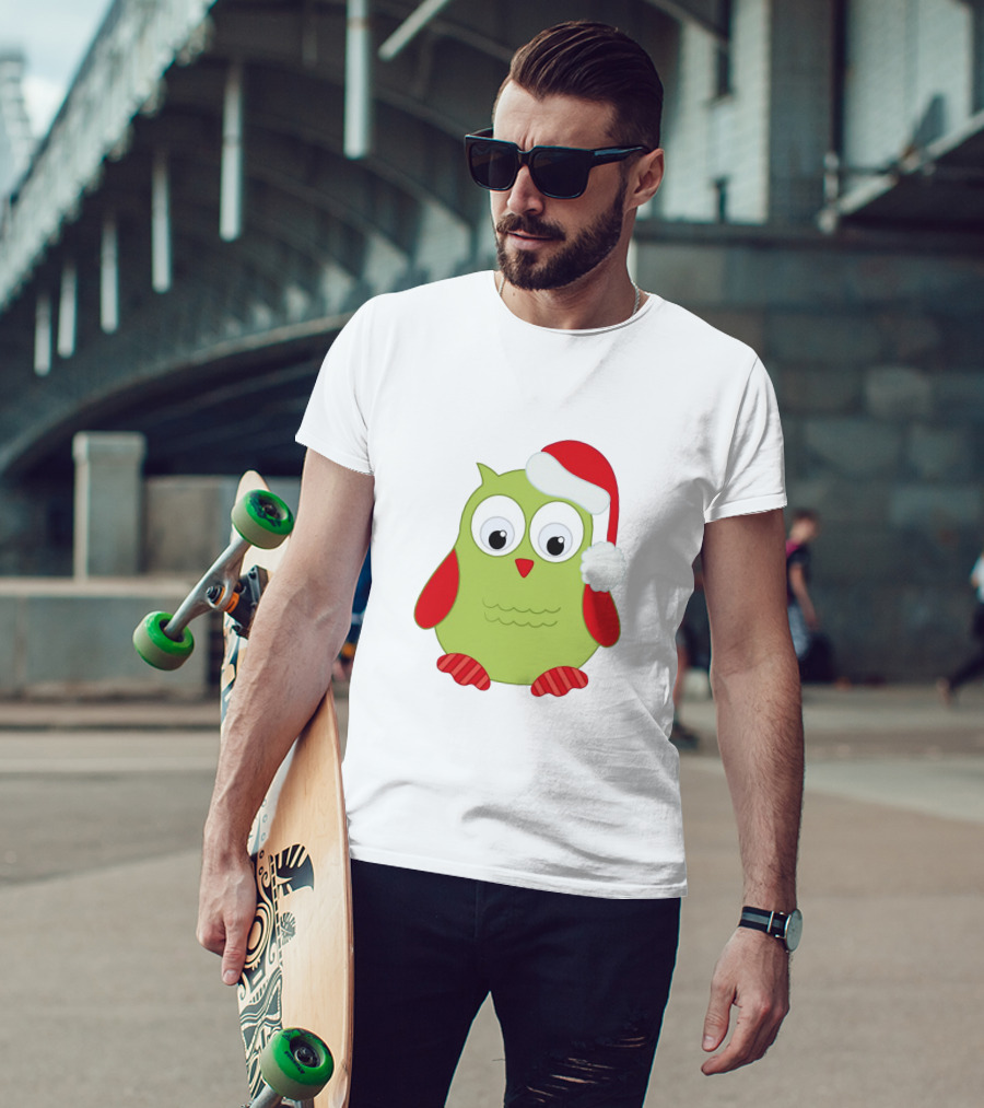 Cute Santa Owl Christmas Green And Red Cartoon Owl Santa Hat T-Shirt