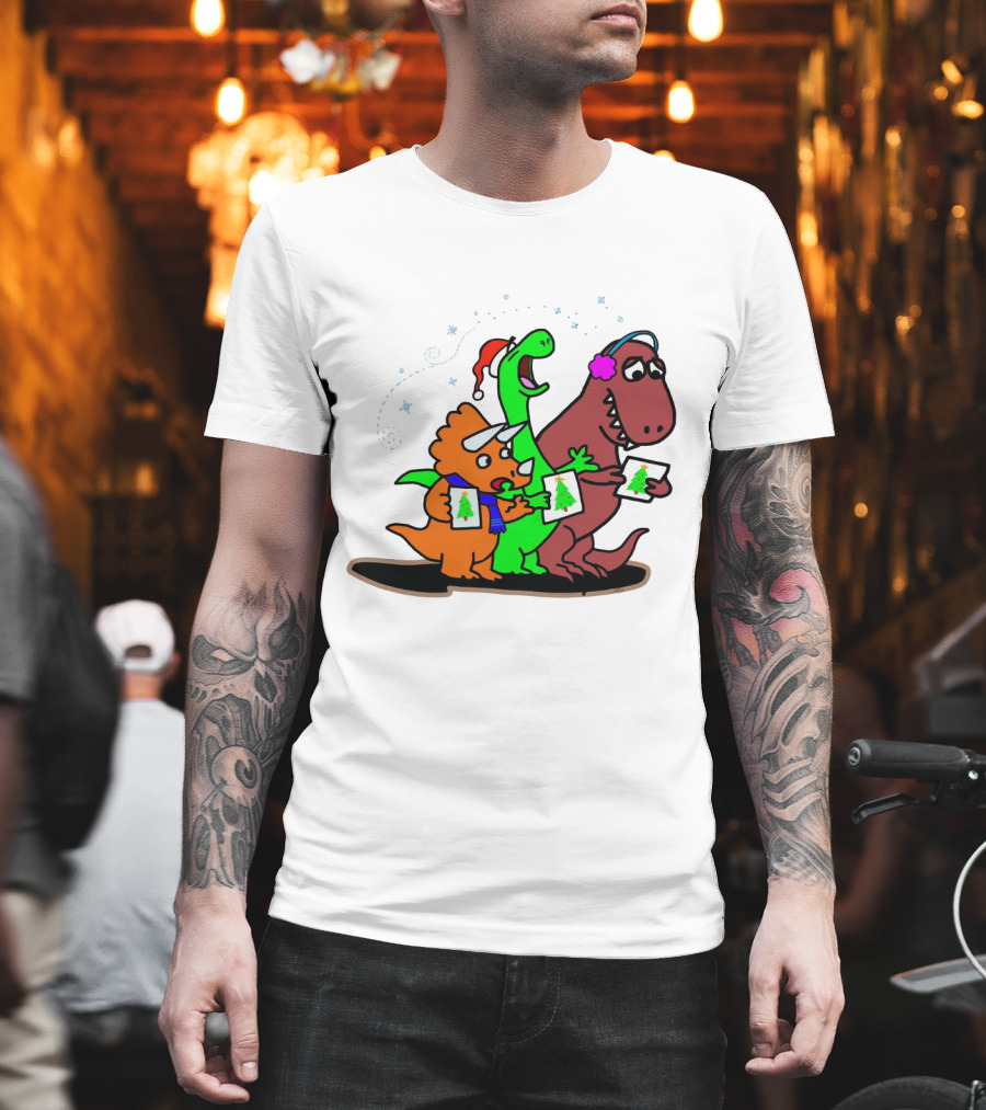 Dinosaur Trio Singing Christmas Carols with Festive Hats and Tree Cards T-Shirt
