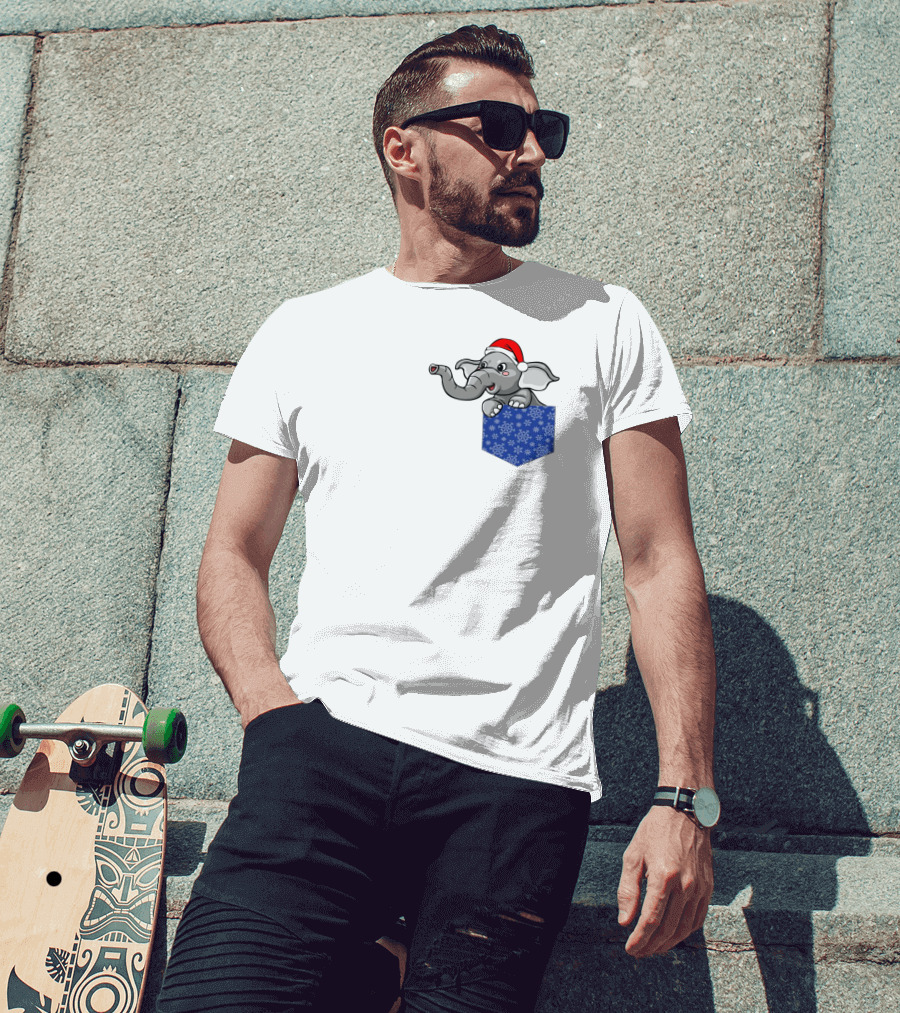 Christmas Holiday Pocket Elephant With Santa Hat And Blue Snowflake Pattern Pocket T-Shirt