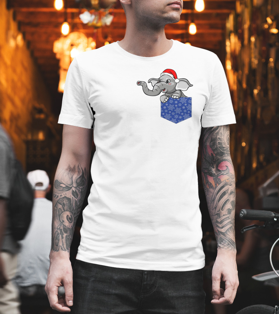Christmas Holiday Pocket Elephant With Santa Hat And Blue Snowflake Pattern Pocket T-Shirt