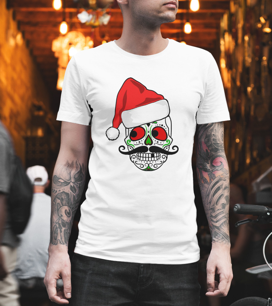 Santa Hat Festive Sugar Skull Christmas T-Shirt