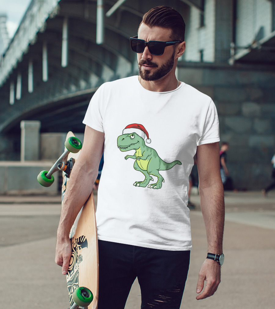 Christmas Dinosaur Wearing Santa Hat T-Shirt