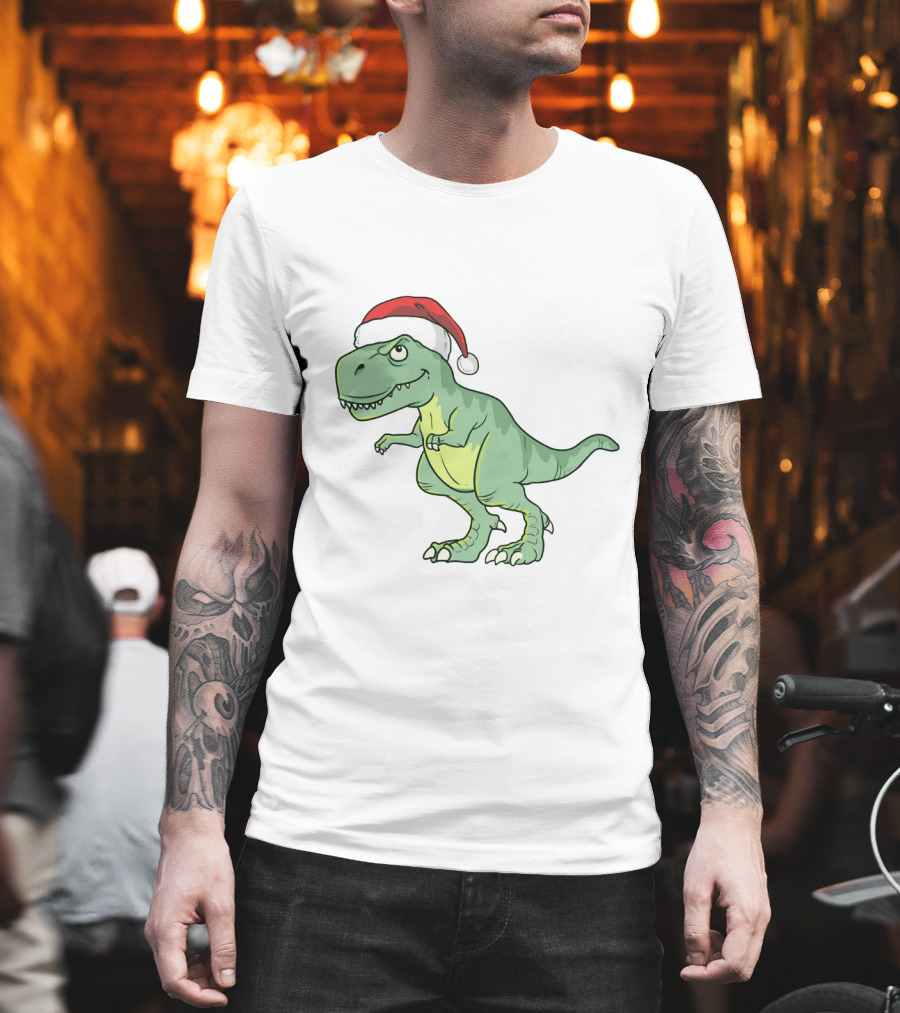 Christmas Dinosaur Wearing Santa Hat T-Shirt