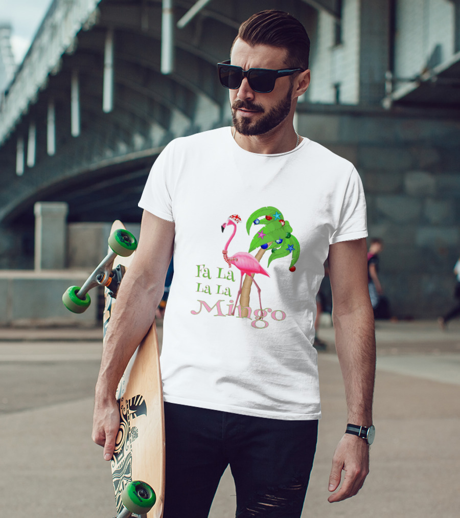 Festive Fa La La La Mingo Pink Flamingo Holiday Tropical Palm Tree T-Shirt