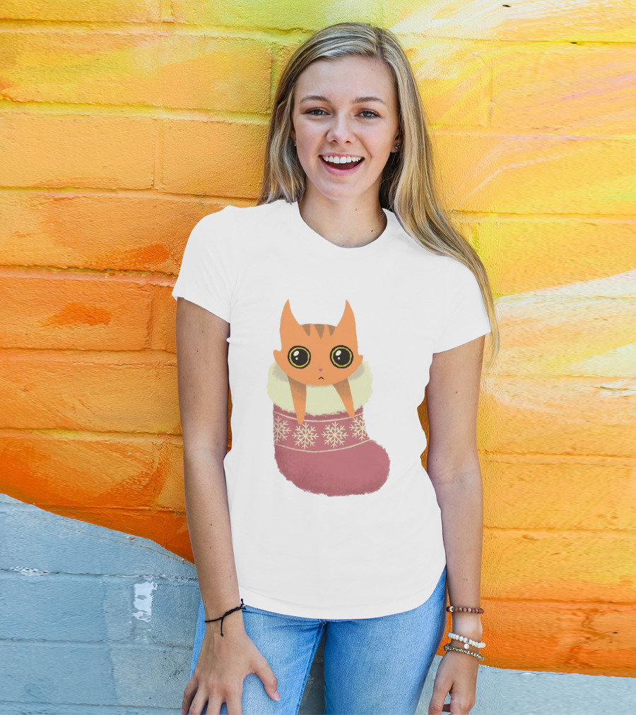 Adorable Orange Cat In Festive Christmas Stocking With Snowflake T-Shirt