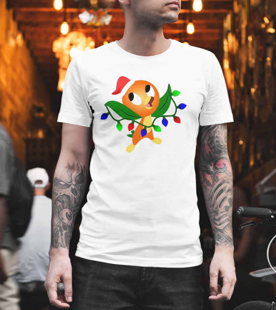 Think Christmas Thoughts Orange Bird with Santa Hat and Festive Lights T-Shirt