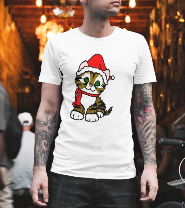 A Cute Tabby Kitten Dressed in Santa Hat and Scarf T-Shirt A Cute Tabby Kitten Dressed in Santa Hat and Scarf T-Shirt
