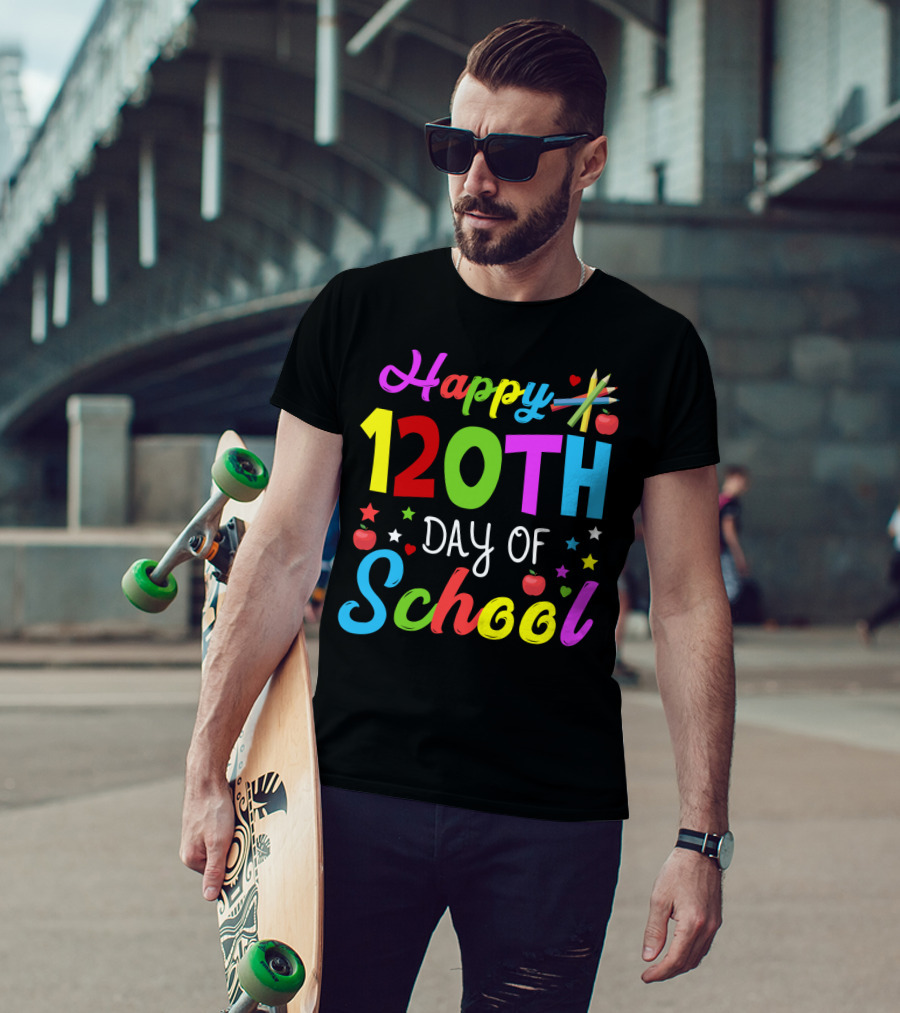 Happy 120th Day Of School Colorful Celebration With Stars And Apples T-Shirt
