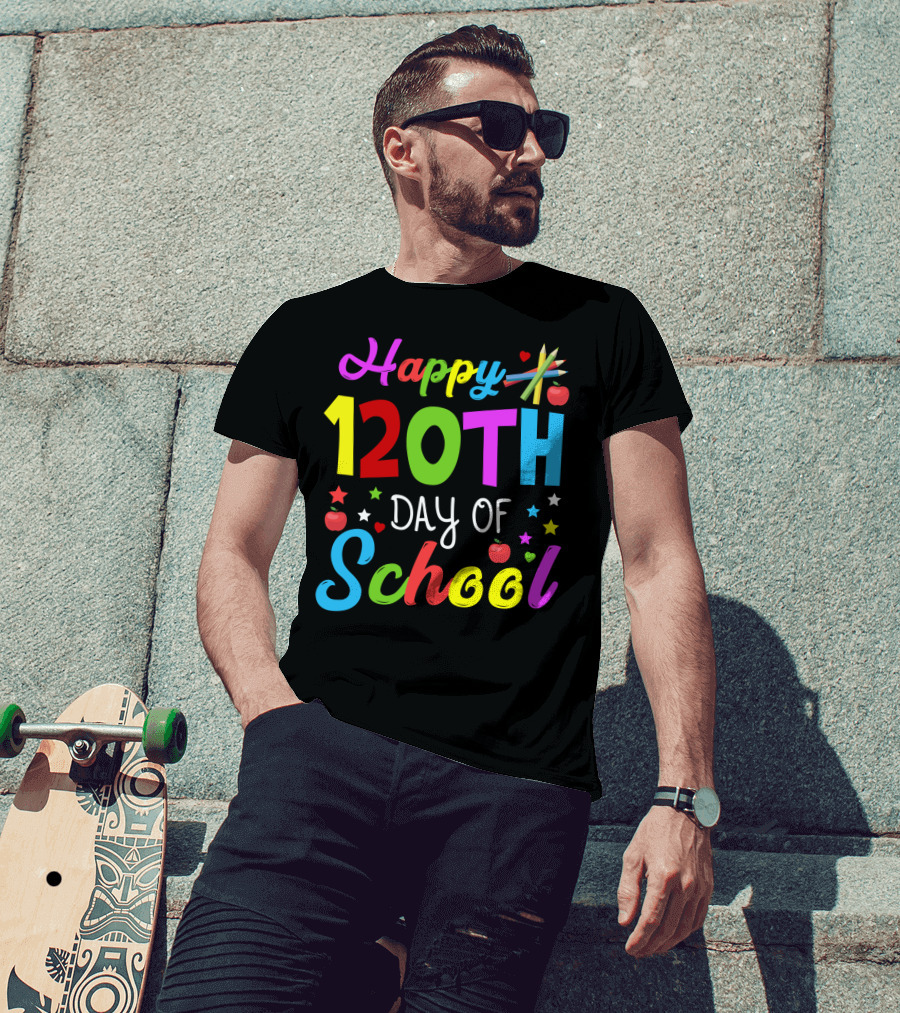 Happy 120th Day Of School Colorful Celebration With Stars And Apples T-Shirt