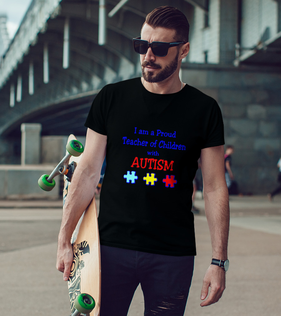 Proud Teacher Of Children With Autism Featuring Autism Puzzle Pieces T-Shirt