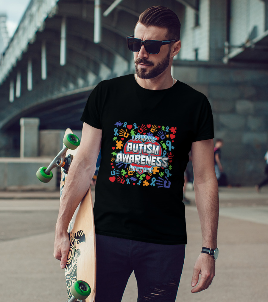 I Support Autism Awareness For My Aunt Colorful Puzzle Ribbon Hearts Hands T-Shirt