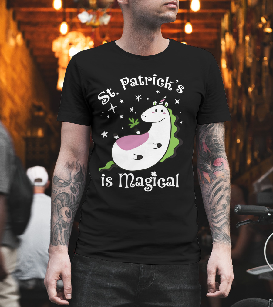 St. Patrick's Is Magical Shamrock Unicorn with Stars and Green Mane T-Shirt
