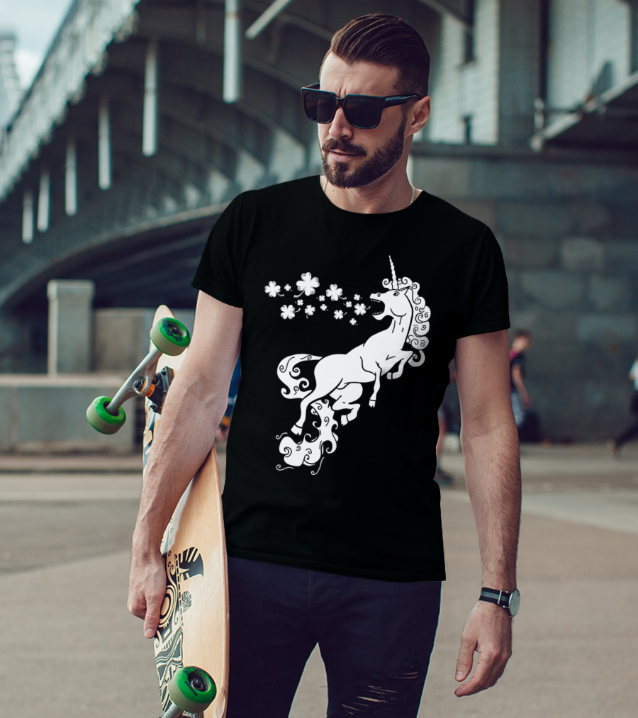 Unicorn Blowing Shamrock Flowers Mystical T-Shirt