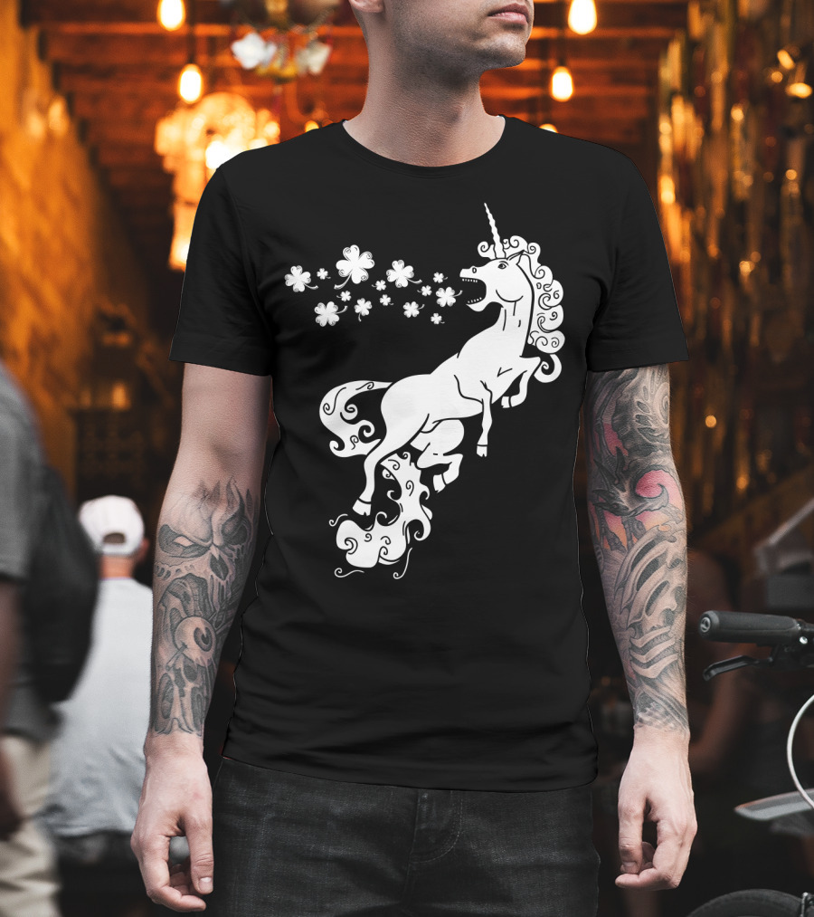 Unicorn Blowing Shamrock Flowers Mystical T-Shirt